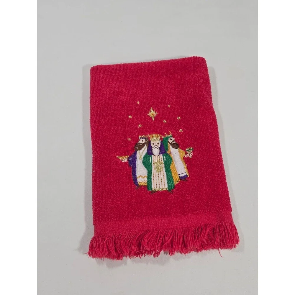 Vintage Lot Of 6 Red Christmas Finger Towels Hand Cannon & Misc Crossstitch